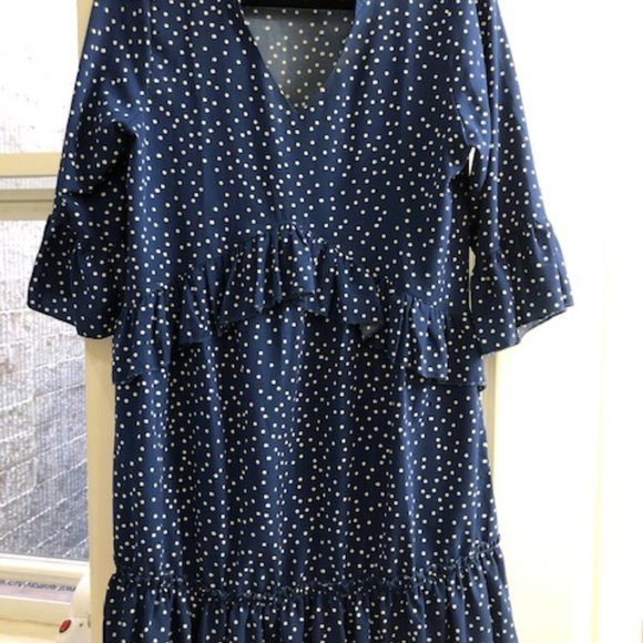 Women's V Neck Ruffle Polka Dot Swing Dress - Picture 2 of 5